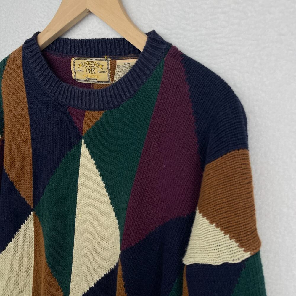 NEW RIVER CO Sweater Mens M Jumper Abstract Colorblock Pullover Blue Green VTG - Picture 2 of 11